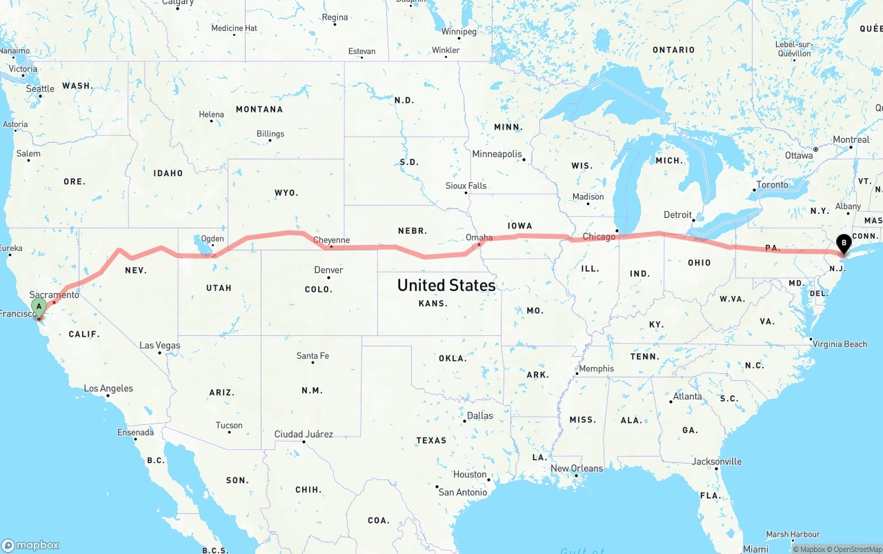 Shipping route from San Francisco to New York City