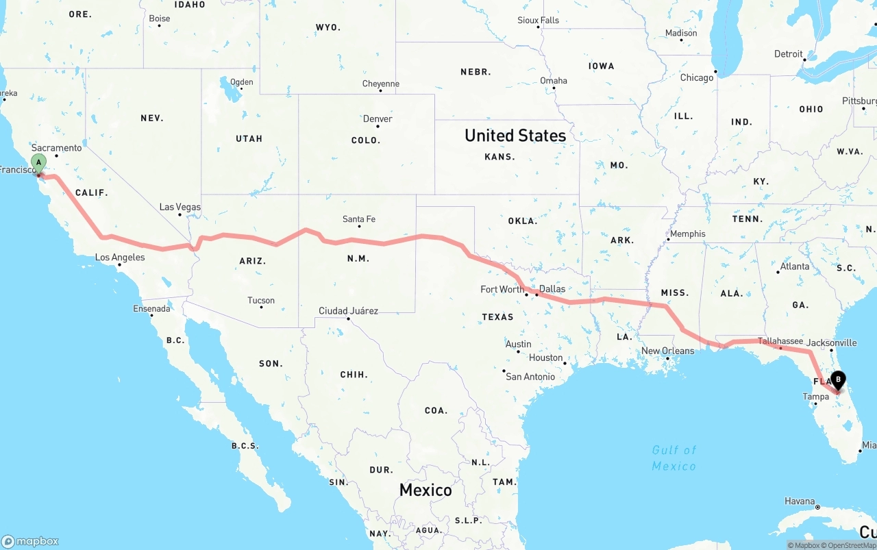 Shipping route from San Francisco to Orlando International Airport