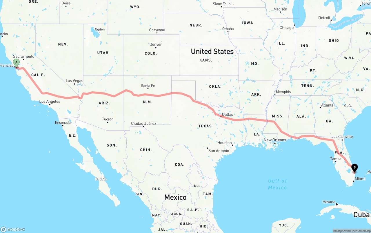 Shipping route from San Francisco to Palm Beach International Airport