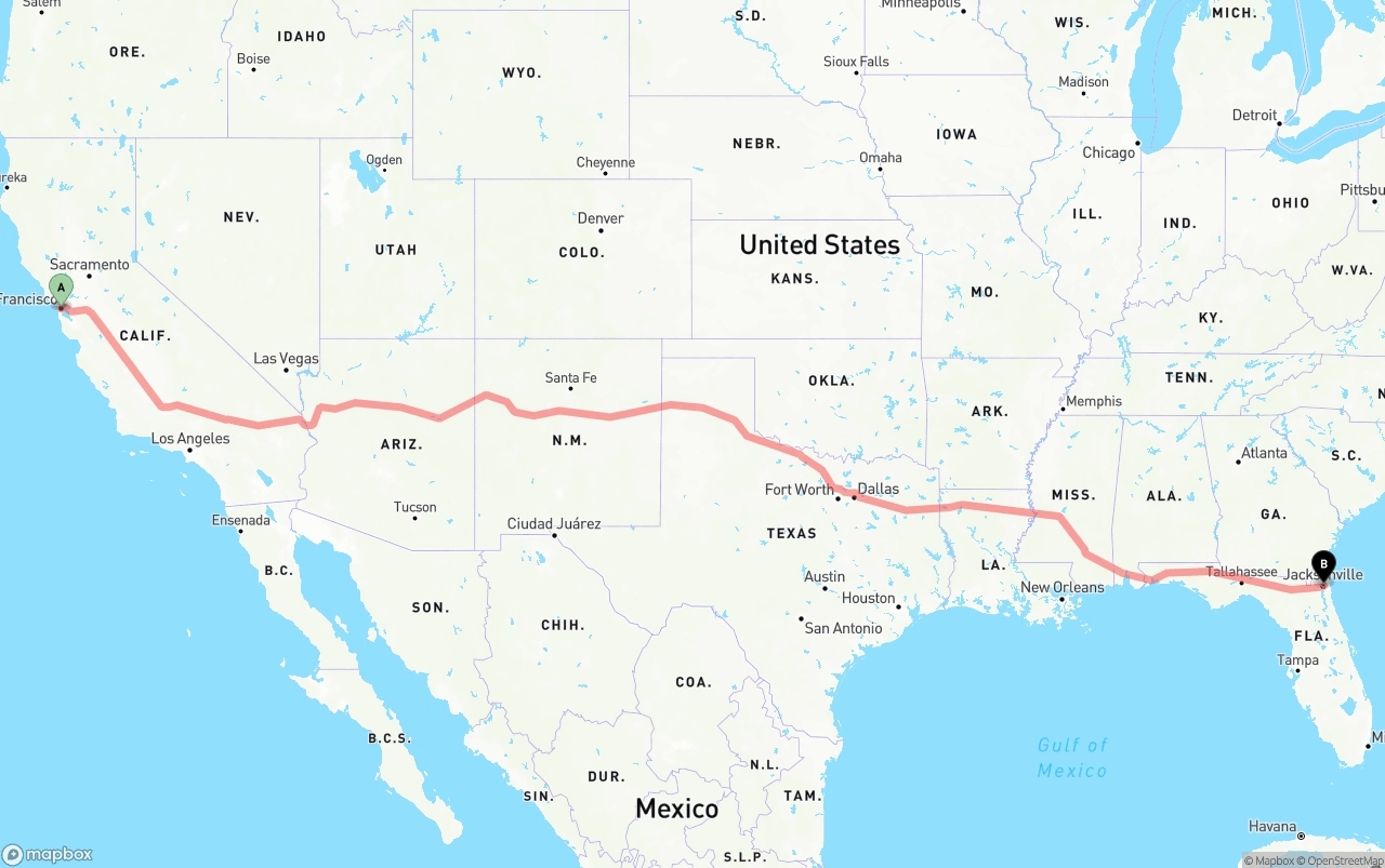 Shipping route from San Francisco to Port of Jacksonville