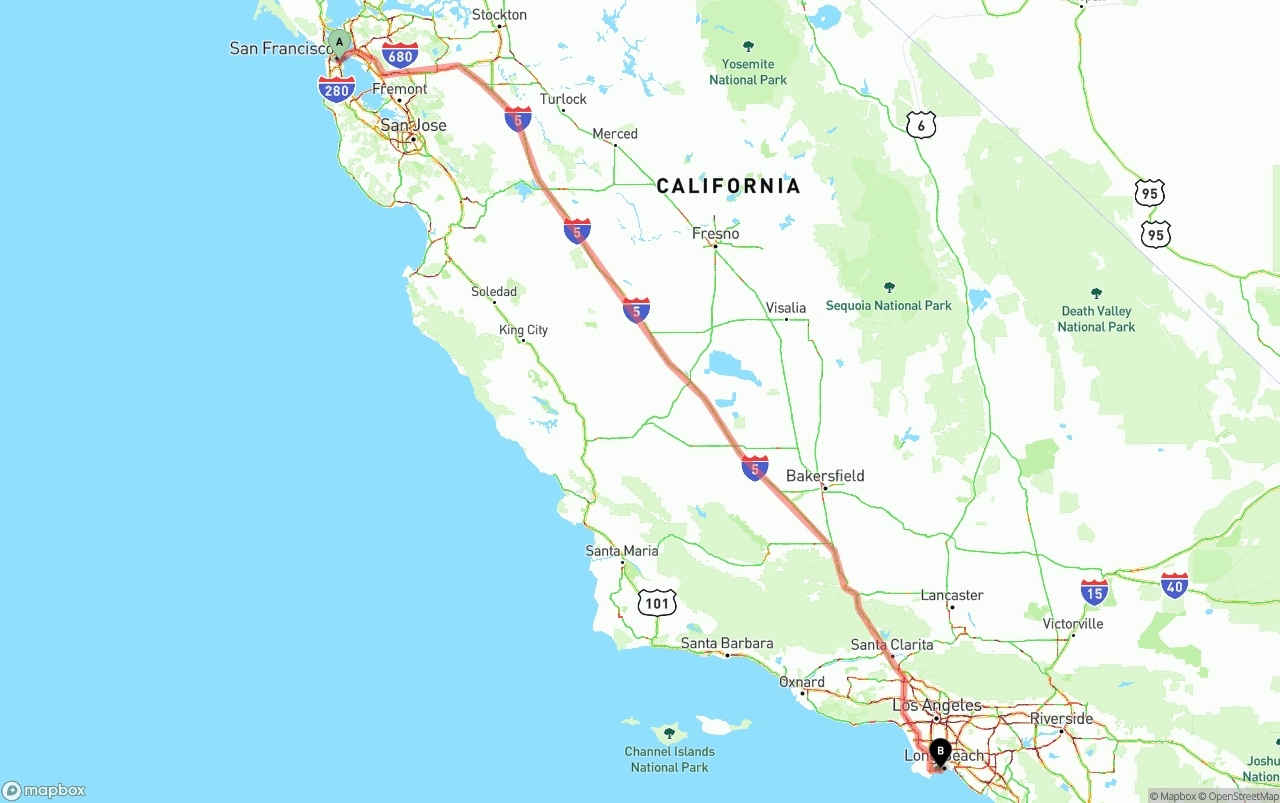 Shipping route from San Francisco to Port of Long Beach