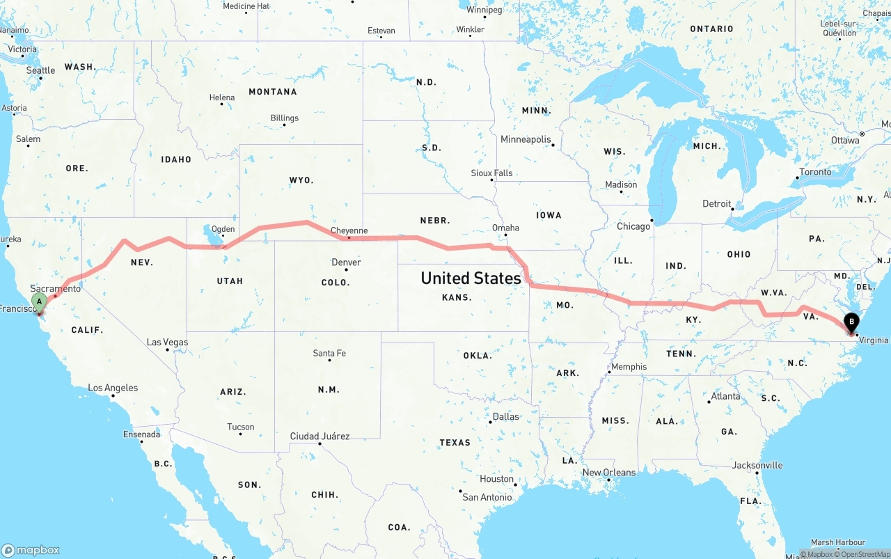 Shipping route from San Francisco to Port of Norfolk