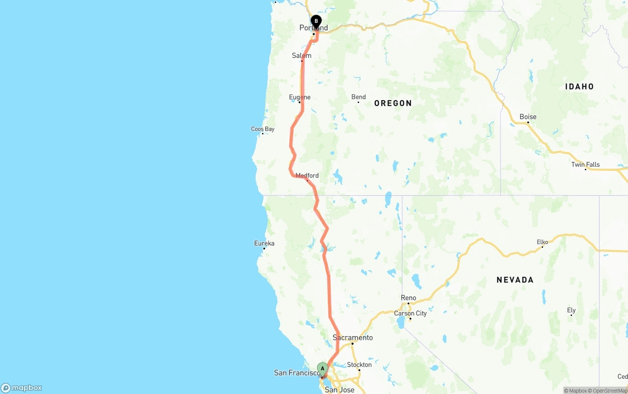 Shipping route from San Francisco to Portland International Airport