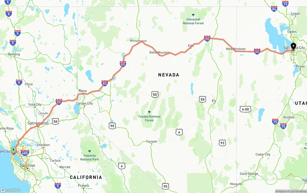 Shipping route from San Francisco to Salt Lake City