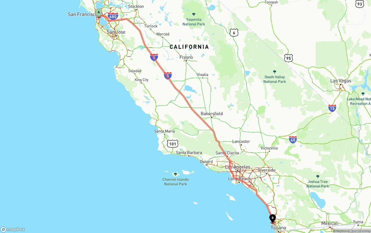 Shipping route from San Francisco to San Diego International Airport