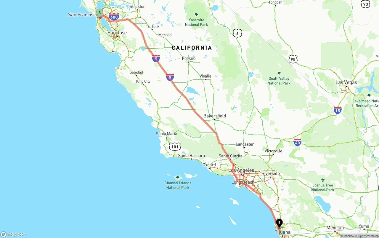 Shipping route from San Francisco to San Diego