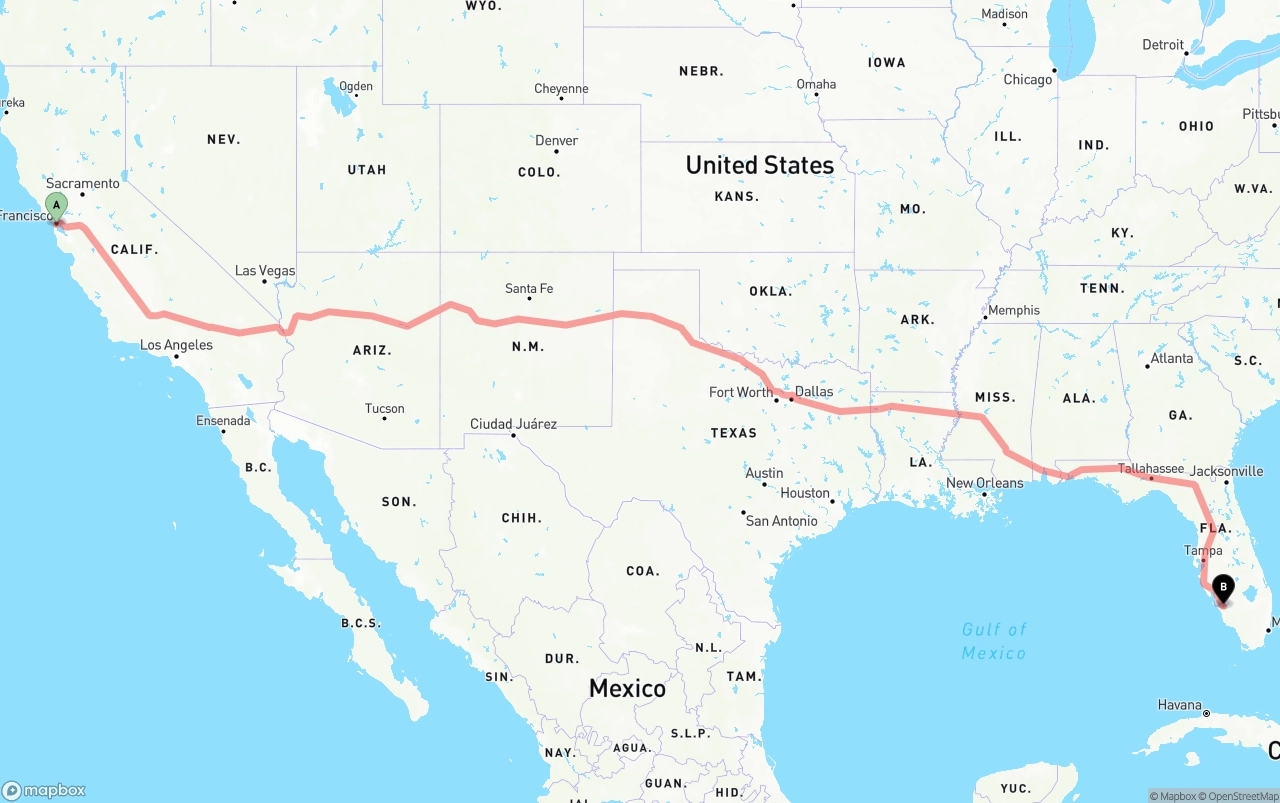 Shipping route from San Francisco to Southwest Florida International Airport
