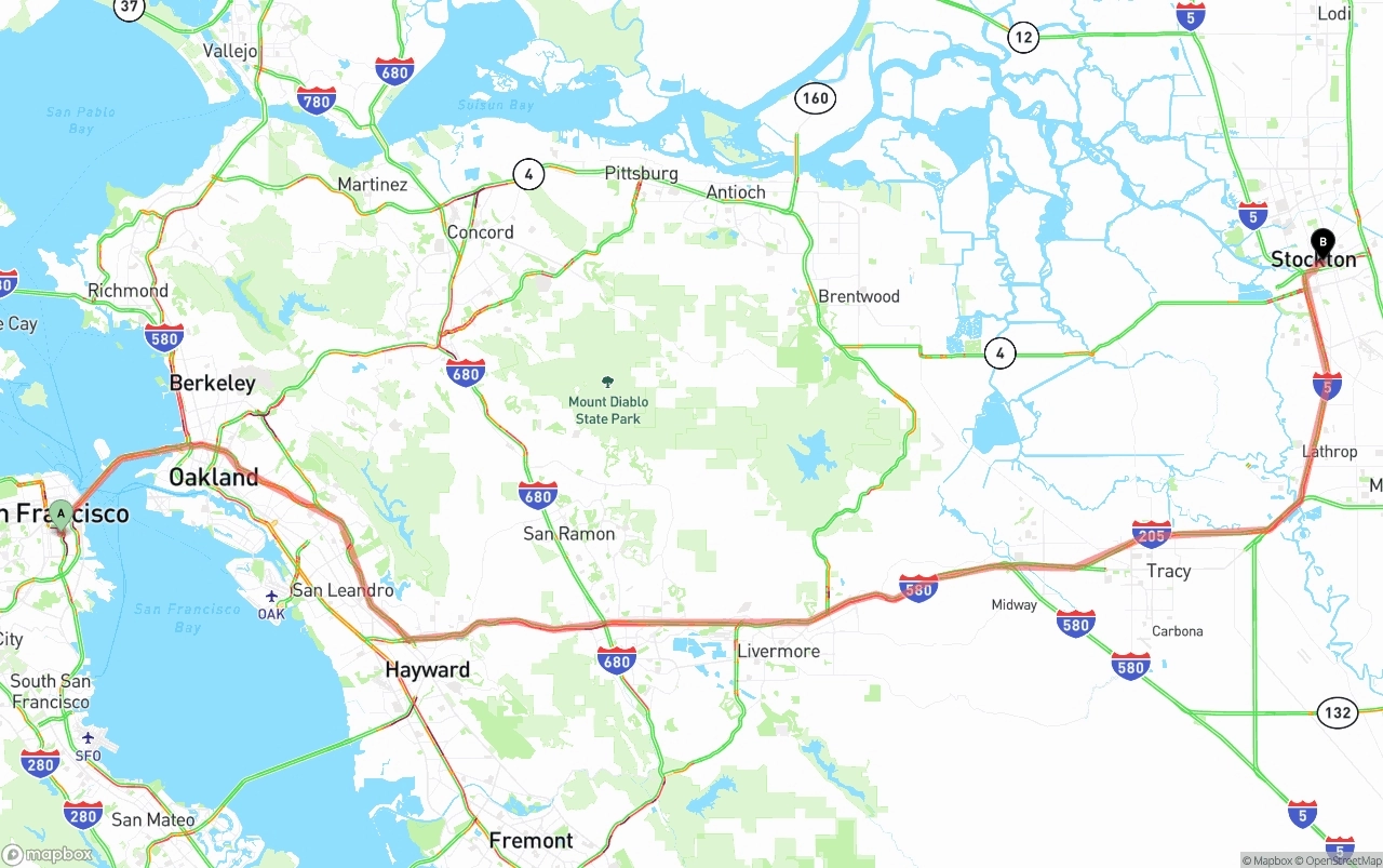 Shipping route from San Francisco to Stockton