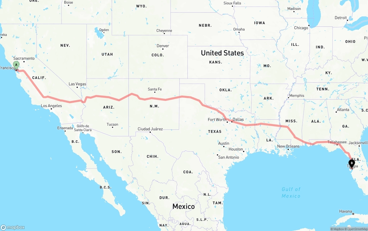 Shipping route from San Francisco to Tampa International Airport