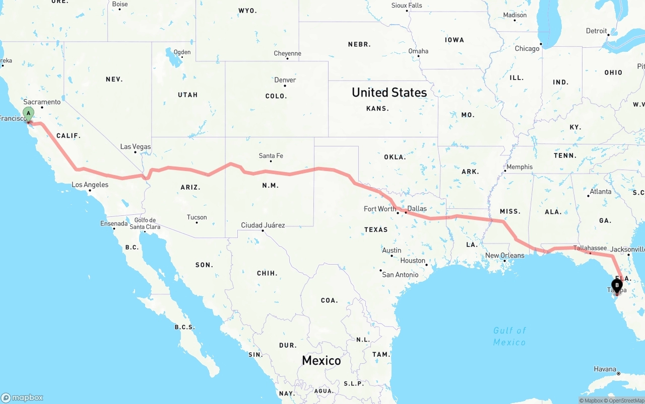 Shipping route from San Francisco to Tampa