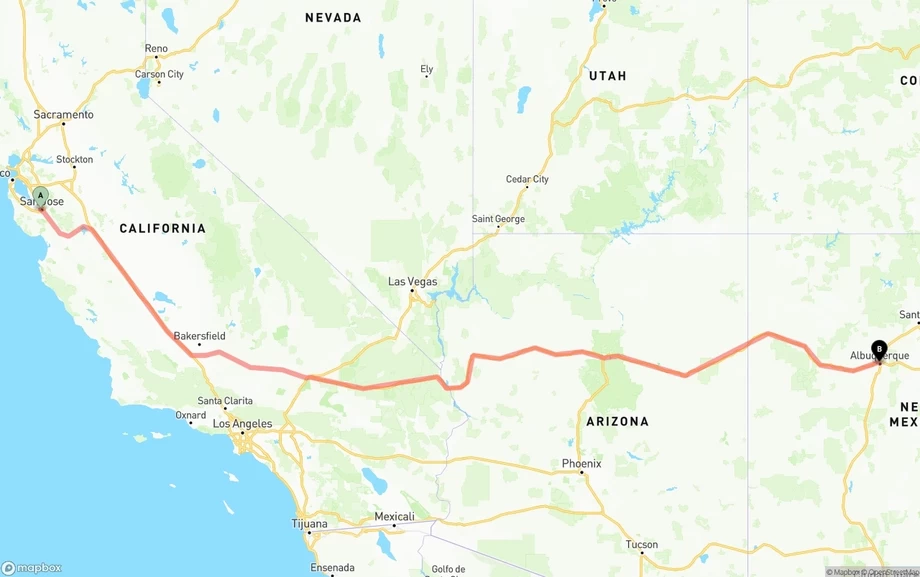 San Jose to Albuquerque freight shipping route map