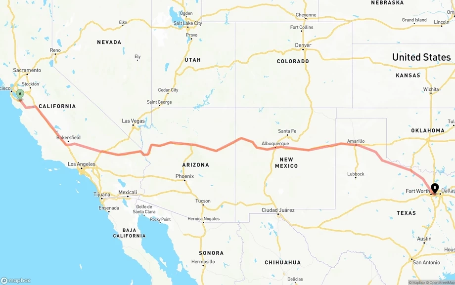 San Jose to Arlington freight shipping route map