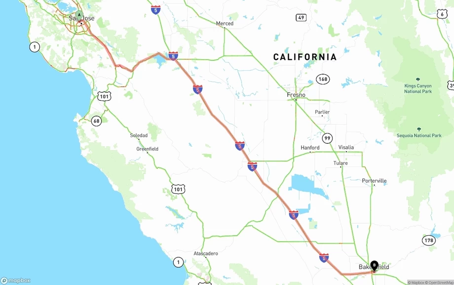 San Jose to Bakersfield freight shipping route map