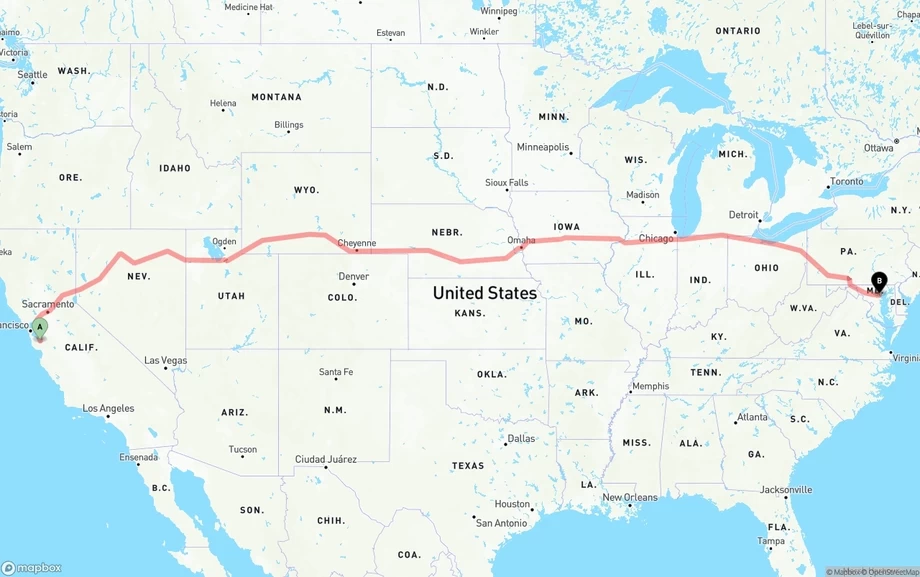 San Jose to Baltimore freight shipping route map