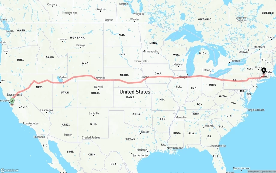 San Jose to Bradley International Airport freight shipping route map
