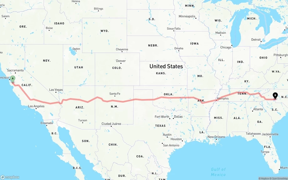 San Jose to Charlotte freight shipping route map
