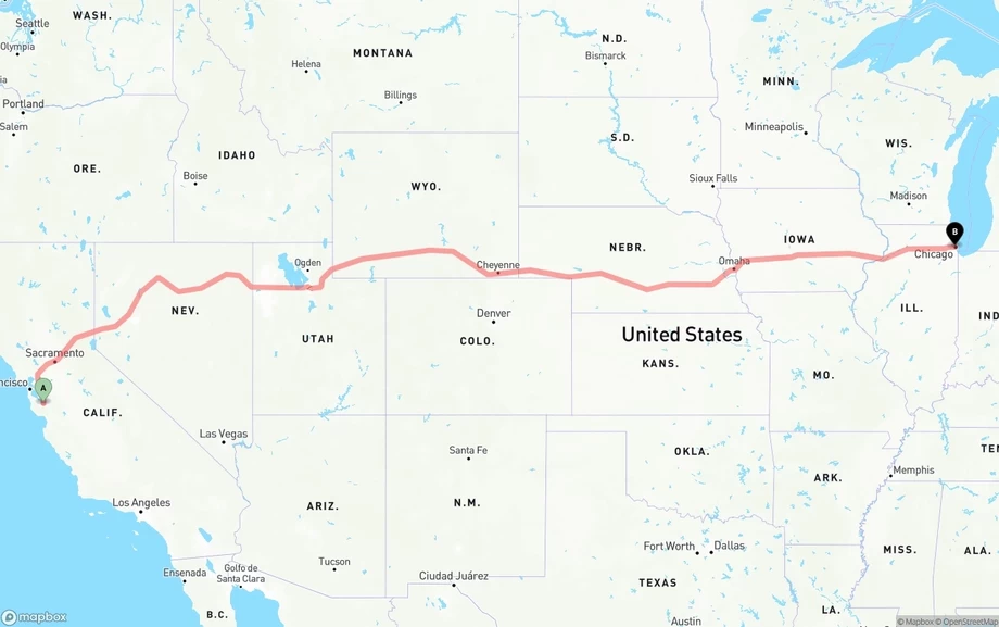 San Jose to Chicago freight shipping route map