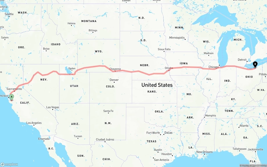 San Jose to Cleveland freight shipping route map