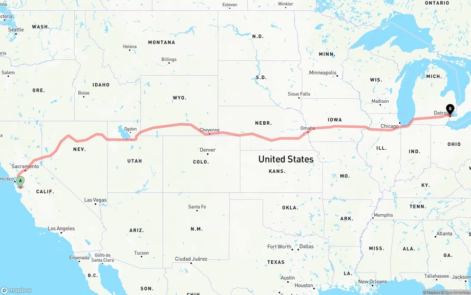 San Jose to Detroit freight shipping route map