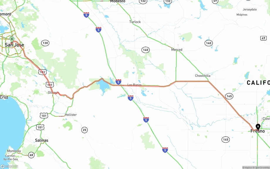 San Jose to Fresno freight shipping route map