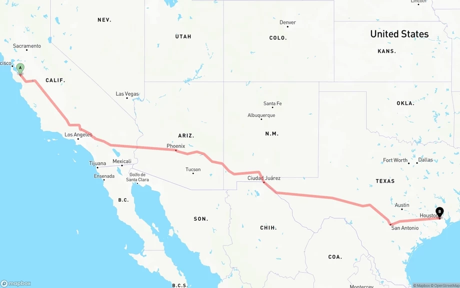 San Jose to Houston freight shipping route map