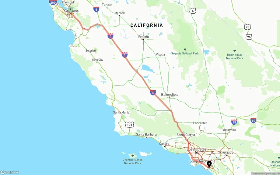 San Jose to John Wayne Airport — Orange County freight shipping route map