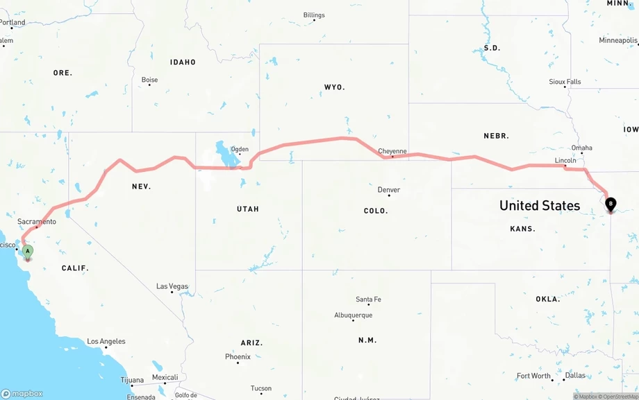 San Jose to Kansas City freight shipping route map