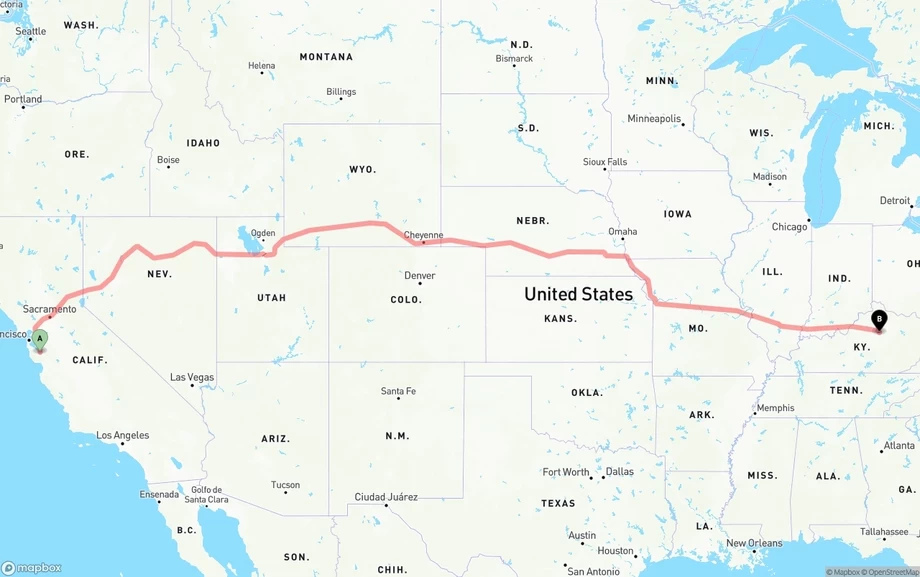 San Jose to Lexington freight shipping route map