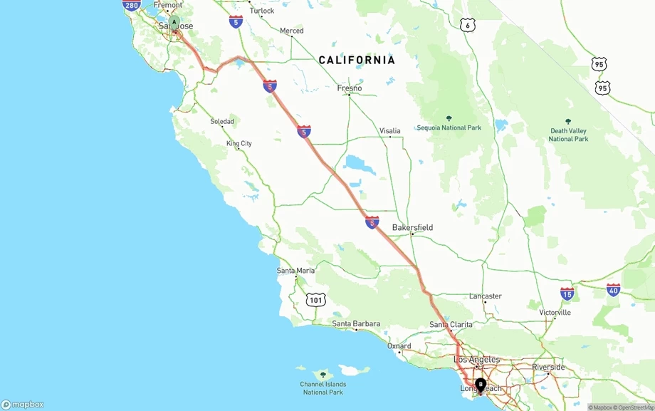 San Jose to Long Beach freight shipping route map