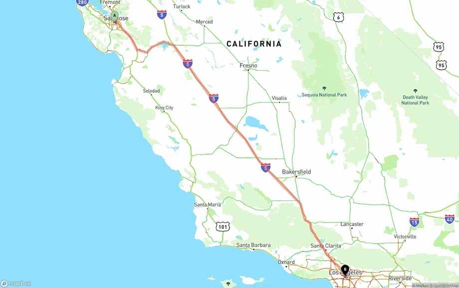 San Jose to Los Angeles freight shipping route map