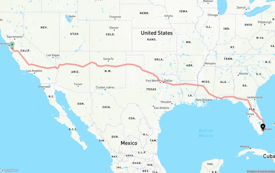 San Jose to Miami International Airport freight shipping route map