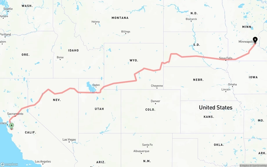 San Jose to Minneapolis freight shipping route map