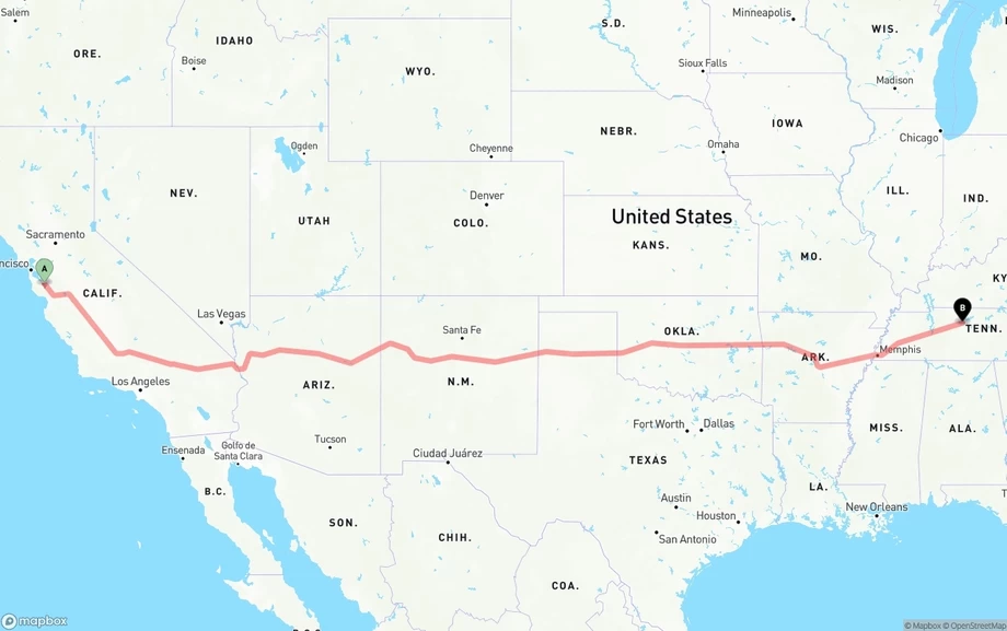 San Jose to Nashville freight shipping route map