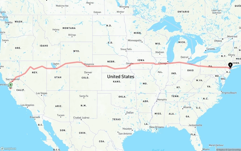 San Jose to New York City freight shipping route map