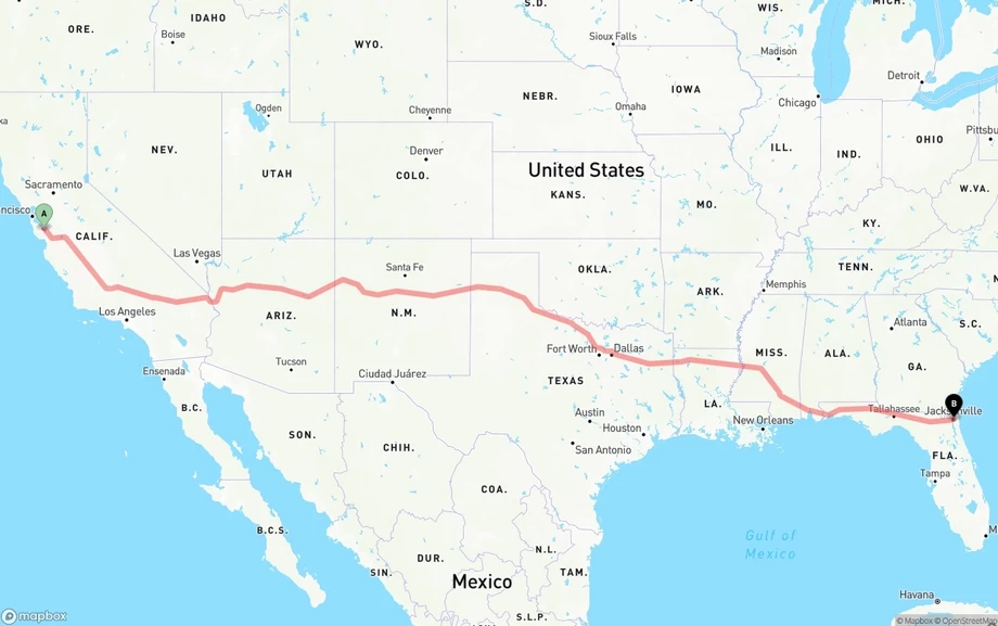 San Jose to Port of Jacksonville freight shipping route map