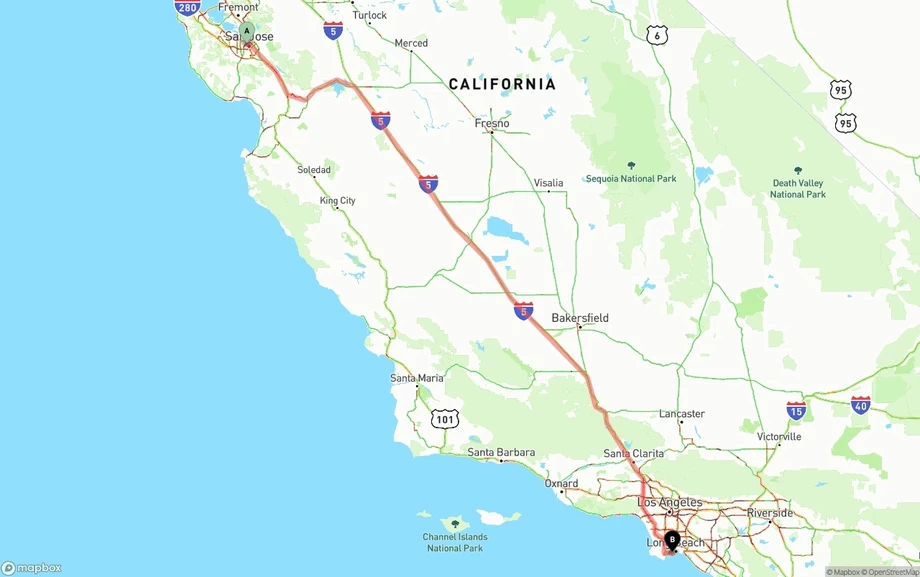 San Jose to Port of Long Beach freight shipping route map