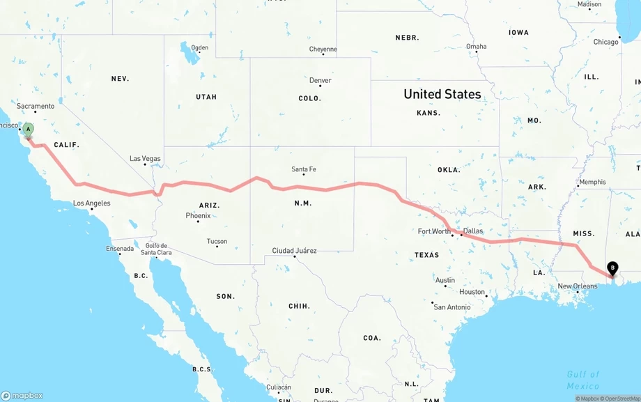 San Jose to Port of Mobile freight shipping route map