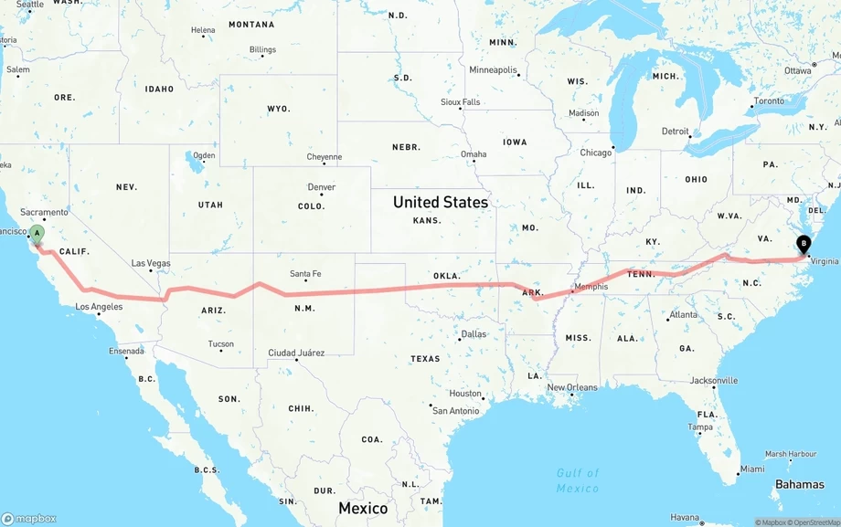 San Jose to Port of Norfolk freight shipping route map