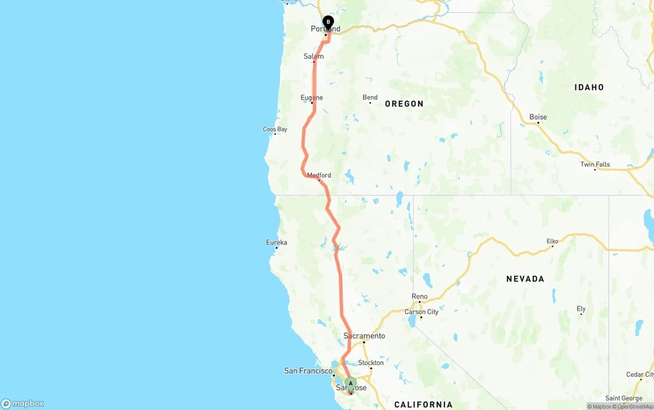 San Jose to Portland International Airport freight shipping route map