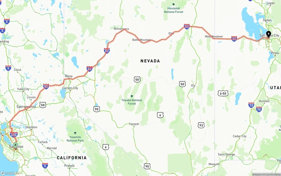 San Jose to Salt Lake City freight shipping route map