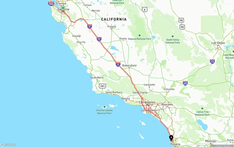 San Jose to San Diego International Airport freight shipping route map