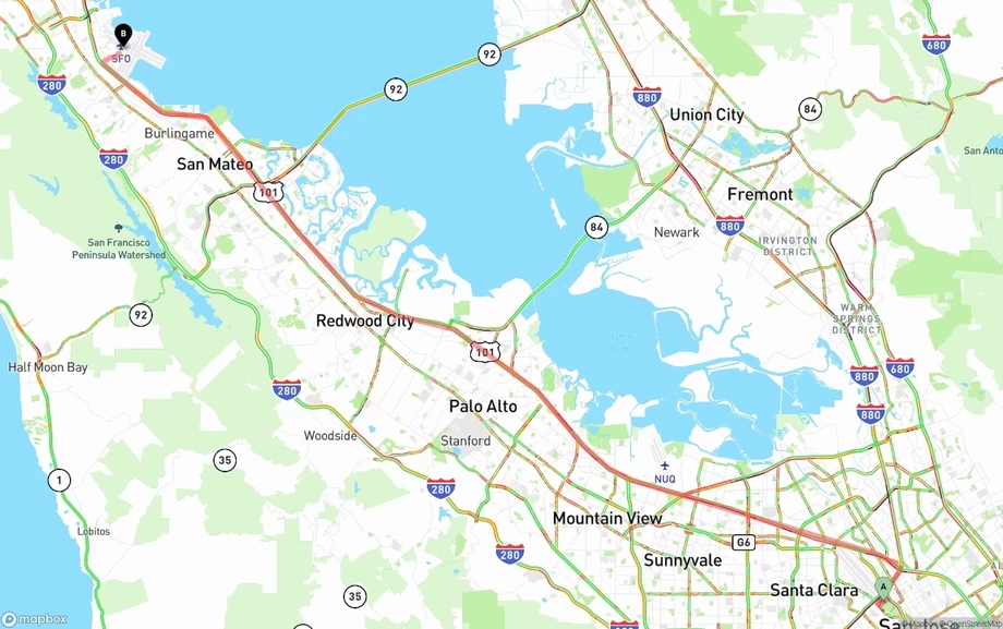 San Jose to San Francisco International Airport freight shipping route map