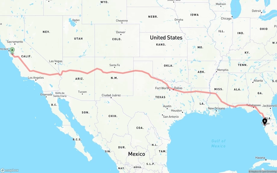 San Jose to Tampa International Airport freight shipping route map