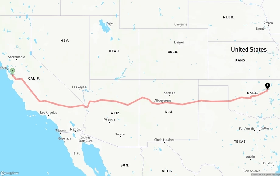San Jose to Tulsa freight shipping route map