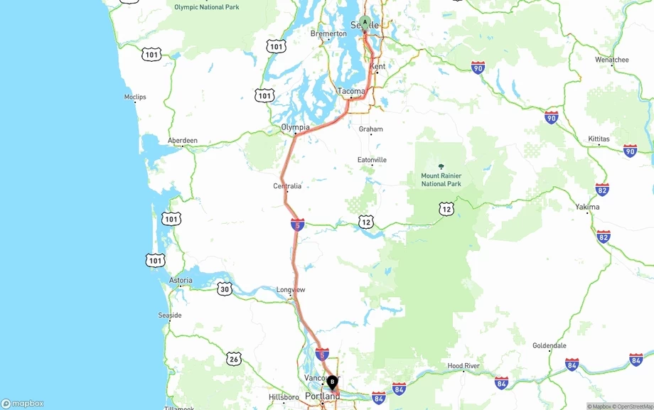 Seattle to Portland International Airport freight shipping route map