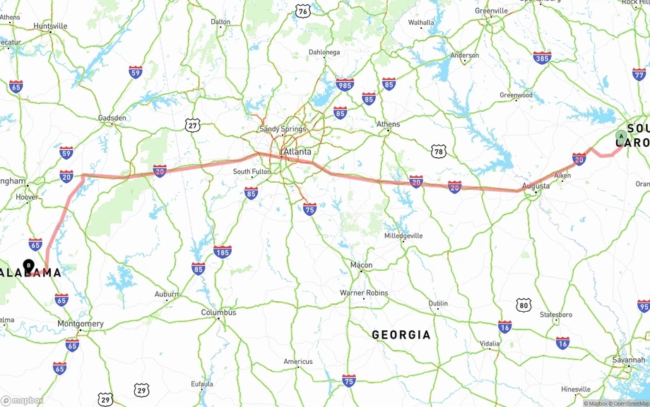 South Carolina to Alabama freight shipping route map