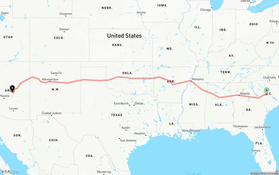 South Carolina to Arizona freight shipping route map