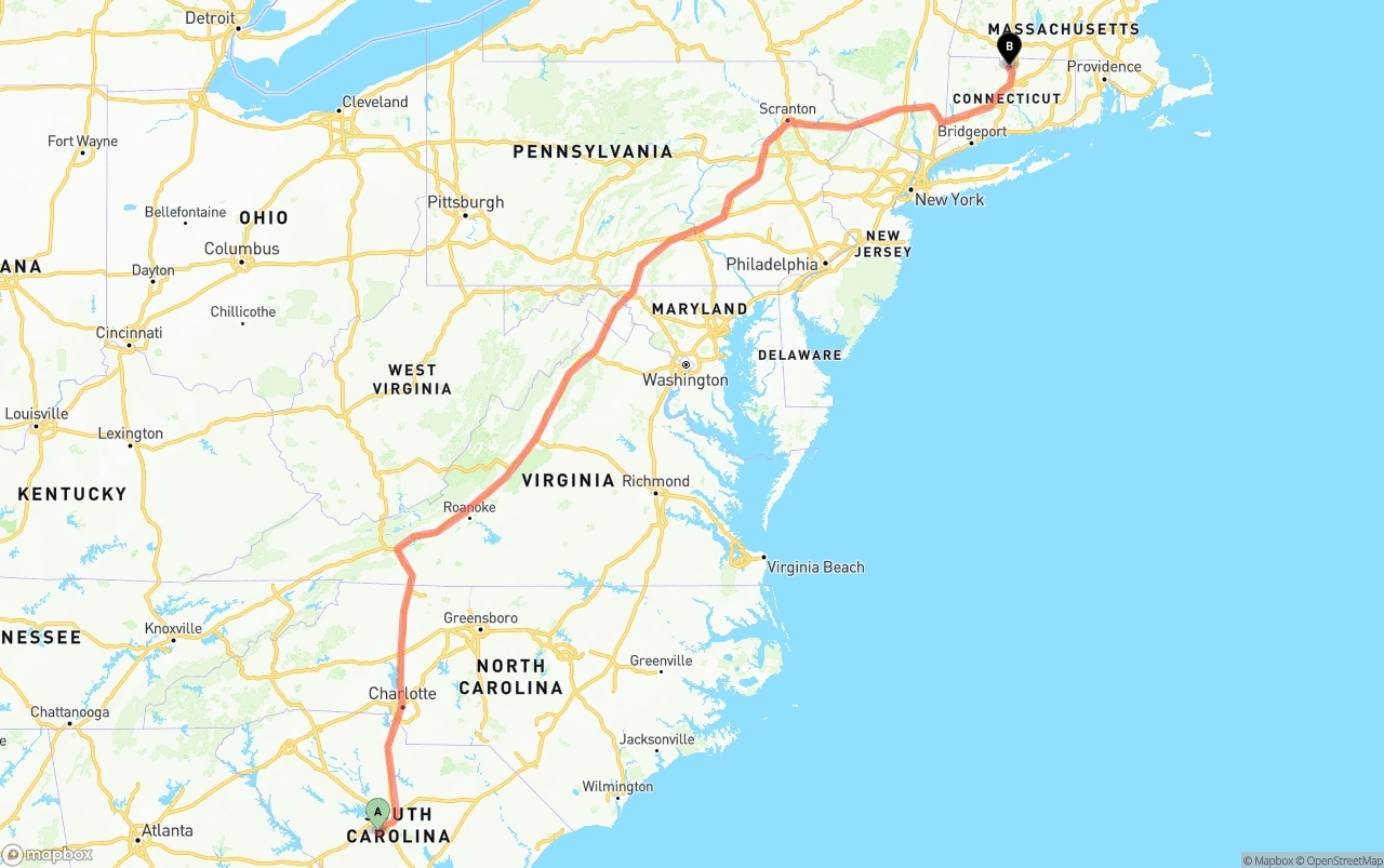 Shipping route from South Carolina to Bradley International Airport