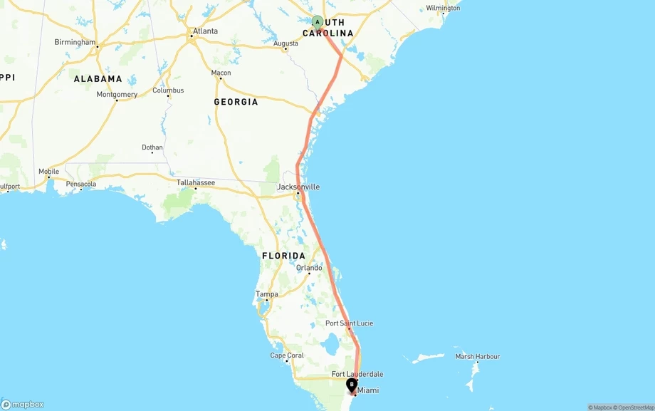 South Carolina to Miami International Airport freight shipping route map