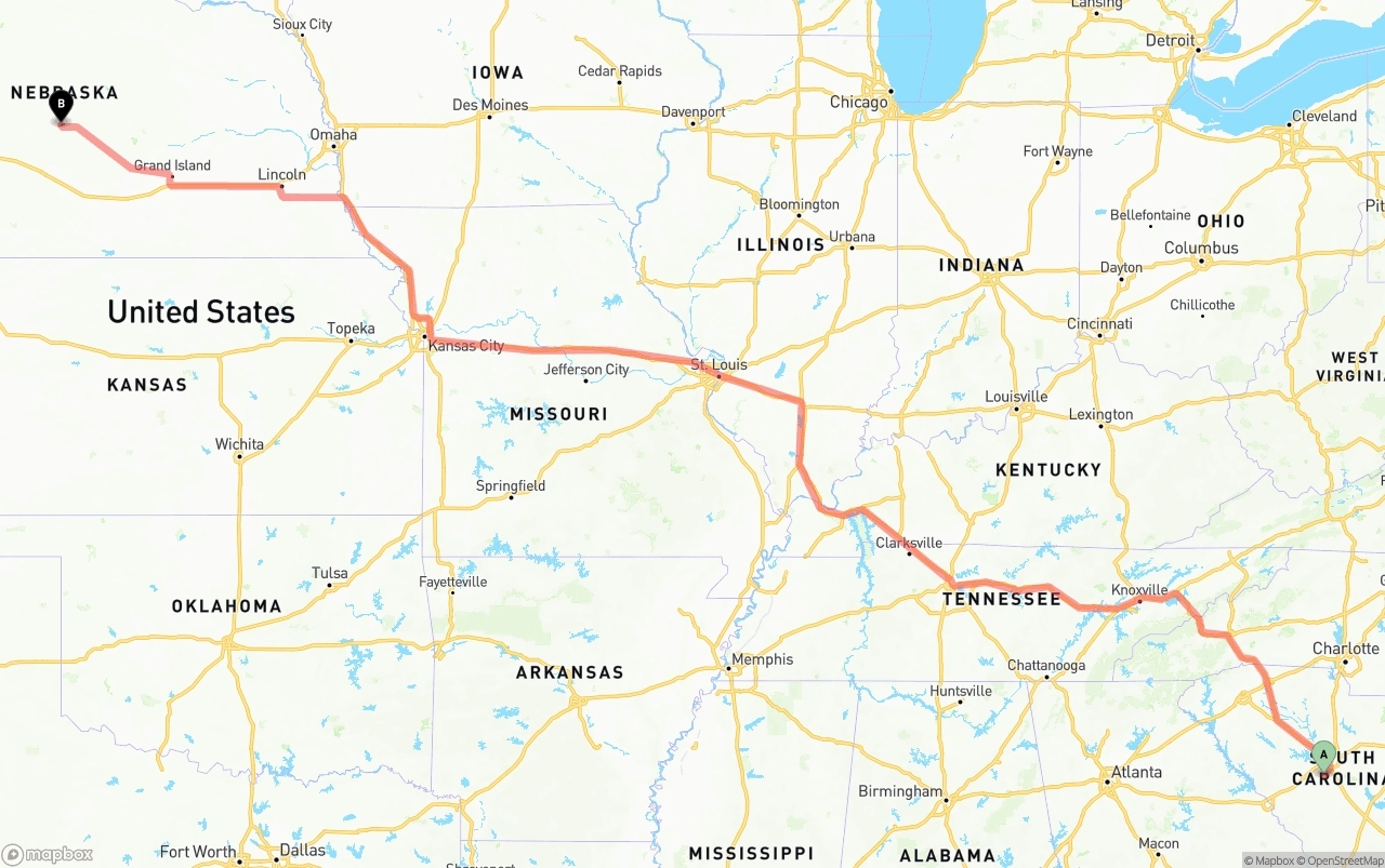 Shipping route from South Carolina to Nebraska